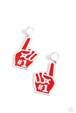 Featuring white-painted details and a "#1", a red, foam-inspired fan pointer-finger hand attaches to the bottom of a white-painted post, creating a sporty lure. Earring attaches to a standard post fitting.  Sold as one pair of post earrings.