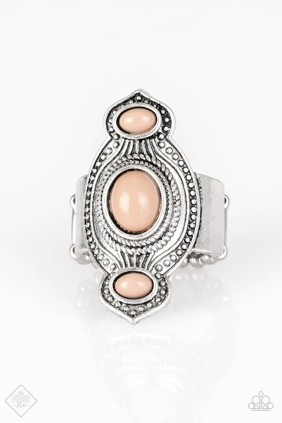 Three dainty brown beads are pressed into an abstract silver frame radiating with texture and studded details for a seasonal look. Features a stretchy band for a flexible fit.  Sold as one individual ring.