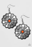 Shimmery silver petals bloom from a vivacious orange center for a seasonal look. Etched in serrated edges, alternating petals have been delicately hammered in texture, adding depth and shimmer to the whimsical frame. Earring attaches to a standard fishhook fitting.